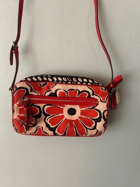 Coach Poppy 25121 Crossbody Bag Red Canvas Leather Trim Small Purse